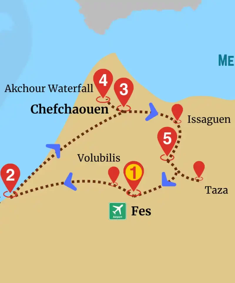 Fez Chefchaouen adventure route map featuring Fes, Volubilis, Rabat, Chefchaouen, Akchour Waterfall, Issaguen, and Taza.