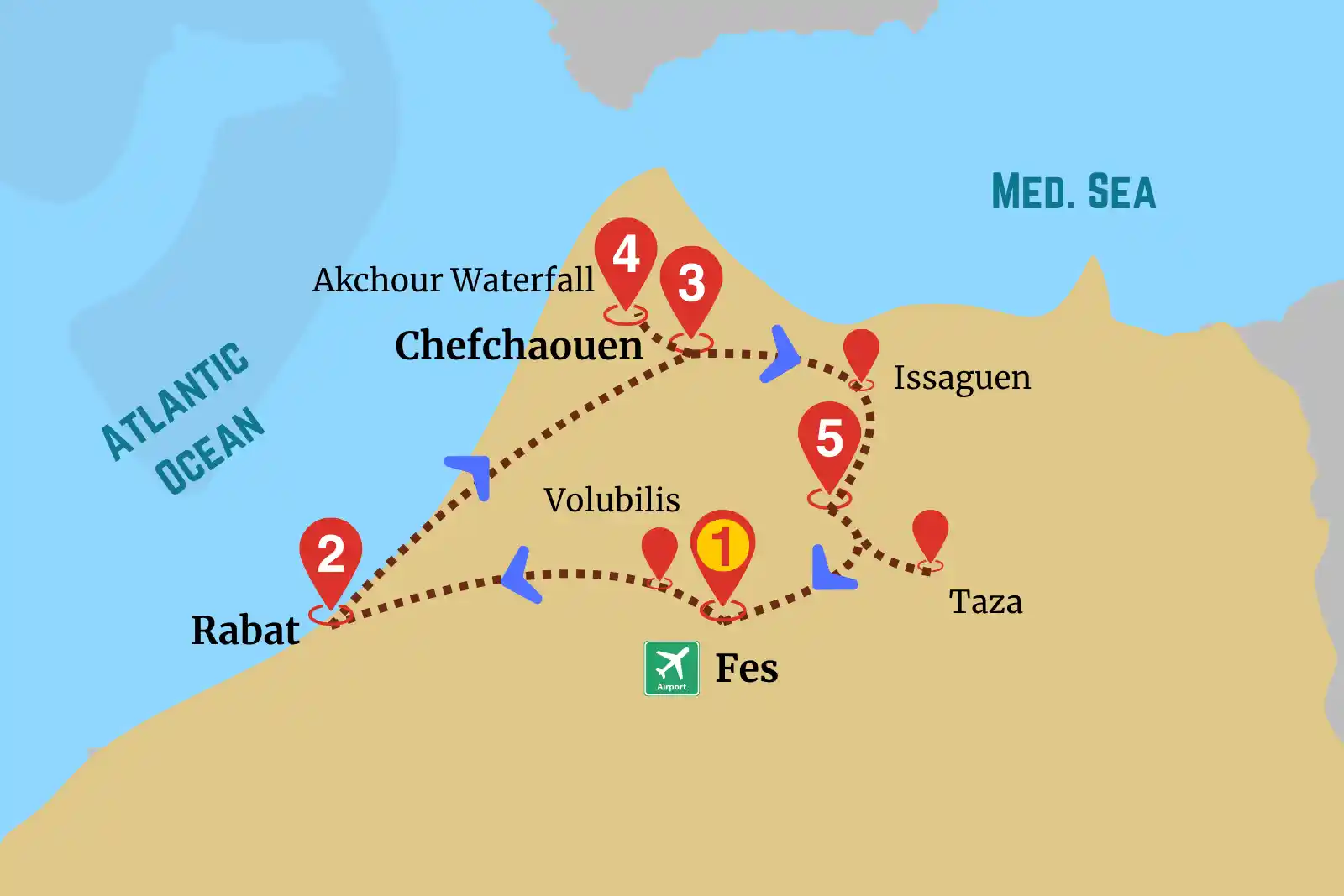 Fez Chefchaouen adventure route map featuring Fes, Volubilis, Rabat, Chefchaouen, Akchour Waterfall, Issaguen, and Taza.