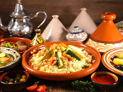 Traditional Moroccan dishes prepared during a local cooking class in Marrakech