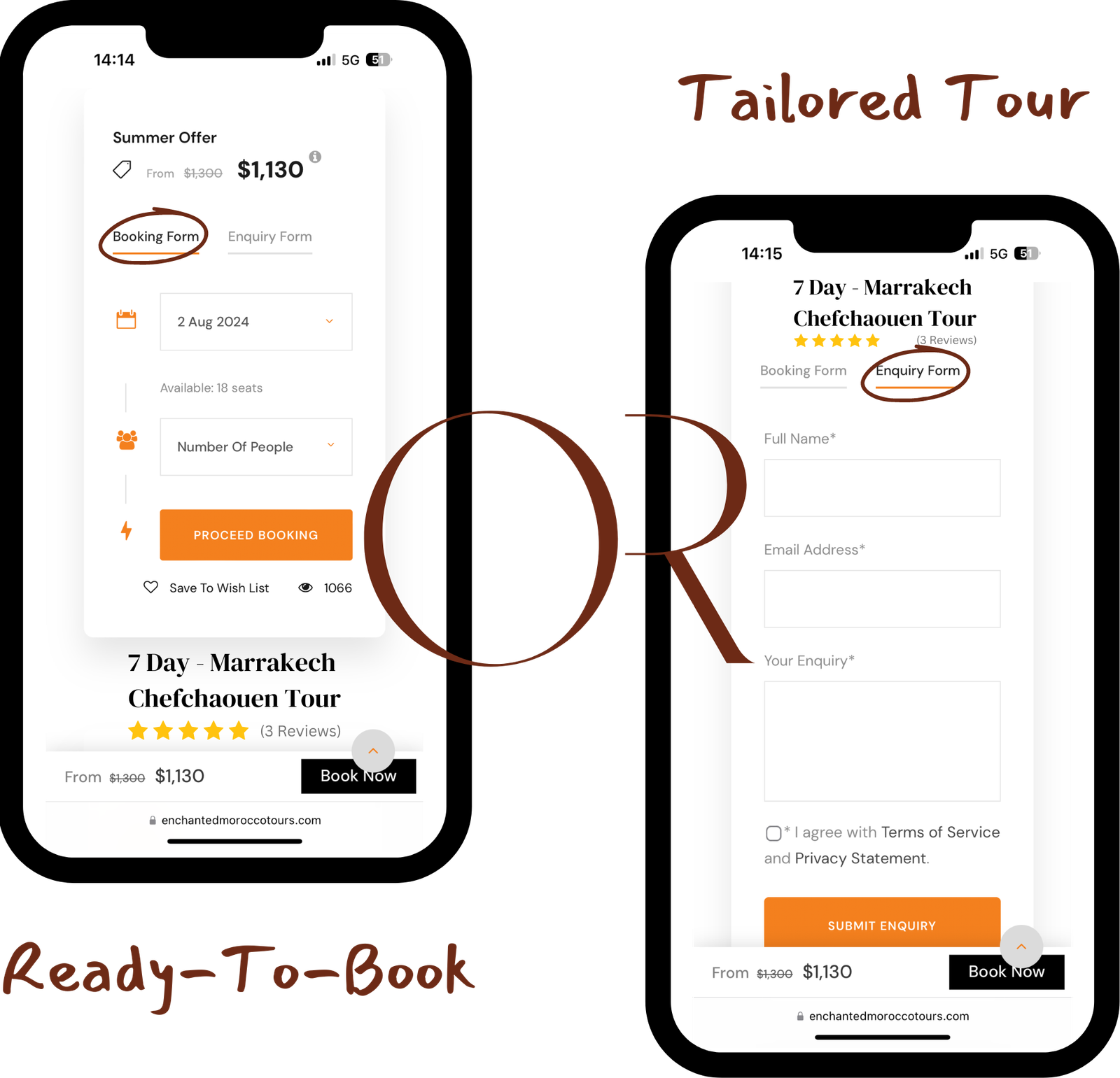 Reservas-Inmediatas-y-Tours-Personalizados Gráfico comparativo entre reservas inmediatas y viajes a Marruecos personalizados.