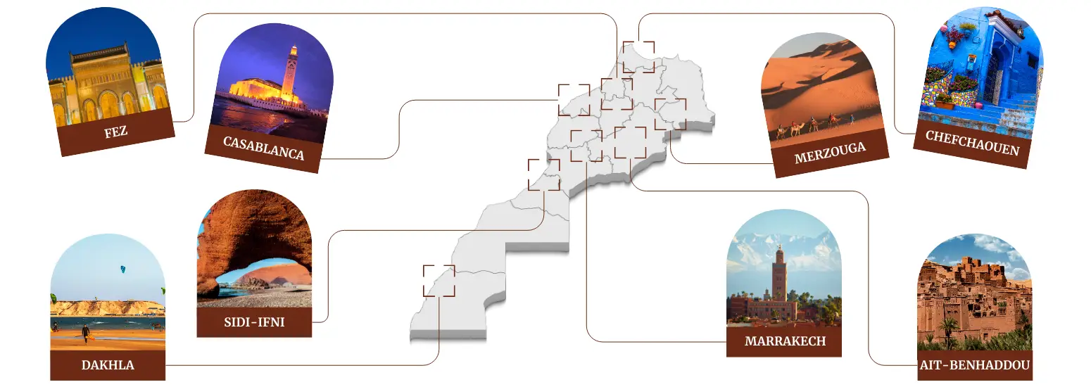 Destinations and Areas on Moroccan map to help your morocco tour packages itinerary 