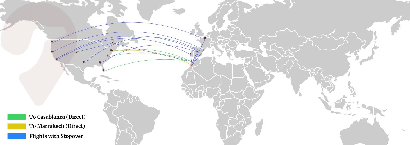 Flights to Morocco from USA in an infographic world map