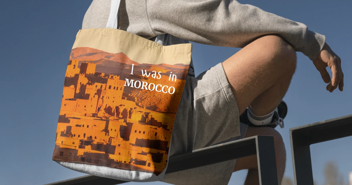 A bag where it written "I was in Morcco" by american traveler