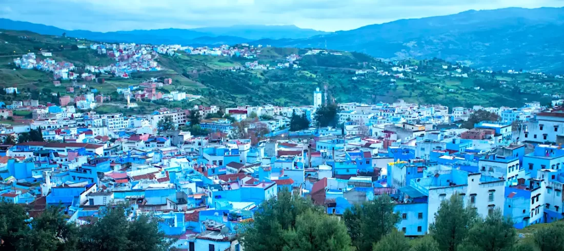 Blue city Morcco shows how the reflection of the sky and buildings in one blue color