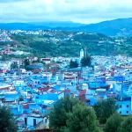 Blue city Morcco shows how the reflection of the sky and buildings in one blue color