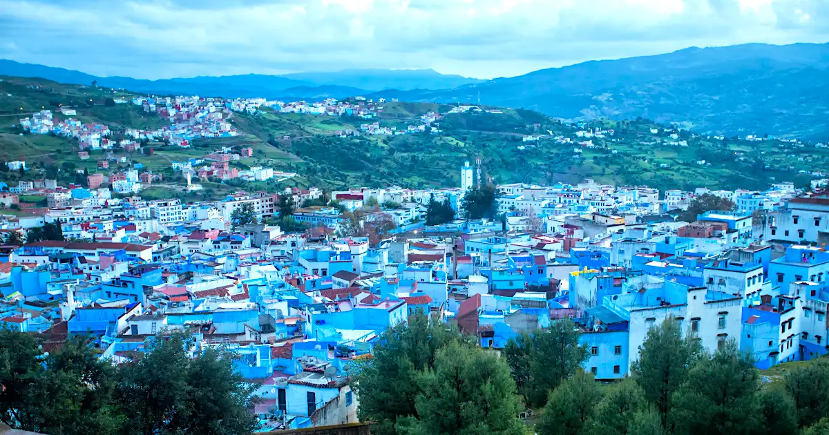 Blue city Morcco shows how the reflection of the sky and buildings in one blue color