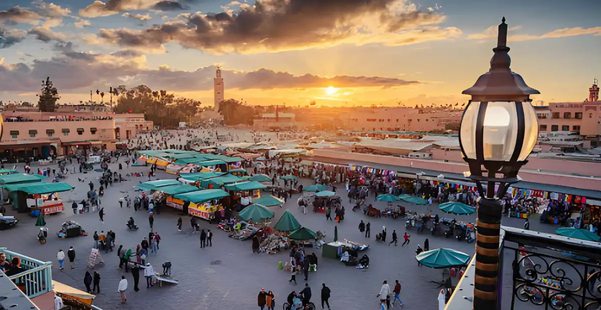 Jemaa el-Fnaa square in Marrakech at sunset with market stalls and crowds