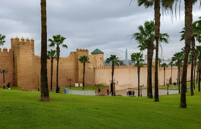 Morocco tours from Rabat near historic kasbah walls and palm-lined park in the capital city