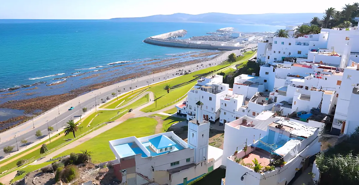 Tangier coastline with white medina buildings overlooking the sea