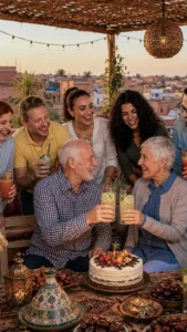 Family celebrating a wedding anniversary on a rooftop terrace in Marrakech, Morocco.
