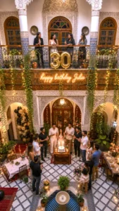 Private birthday celebration at a traditional Moroccan riad in Marrakech with family and friends.