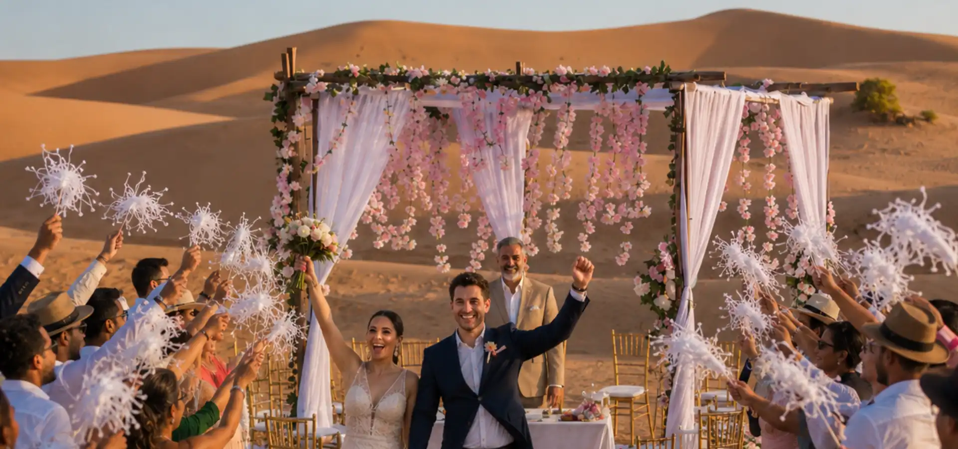 Private wedding during one of out celebration tours in the Sahara Desert, Morocco, with the bride and groom walking through family and friends after the ceremony.