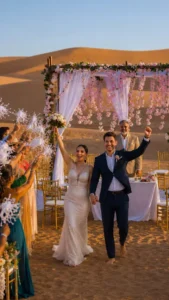 Private wedding celebration in the Sahara Desert, Morocco, with the bride and groom walking through family and friends after the ceremony.