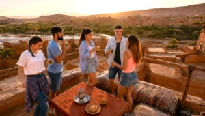 Grupo de amigos disfrutando del atardecer en una azotea durante un viaje privado por Marruecos.